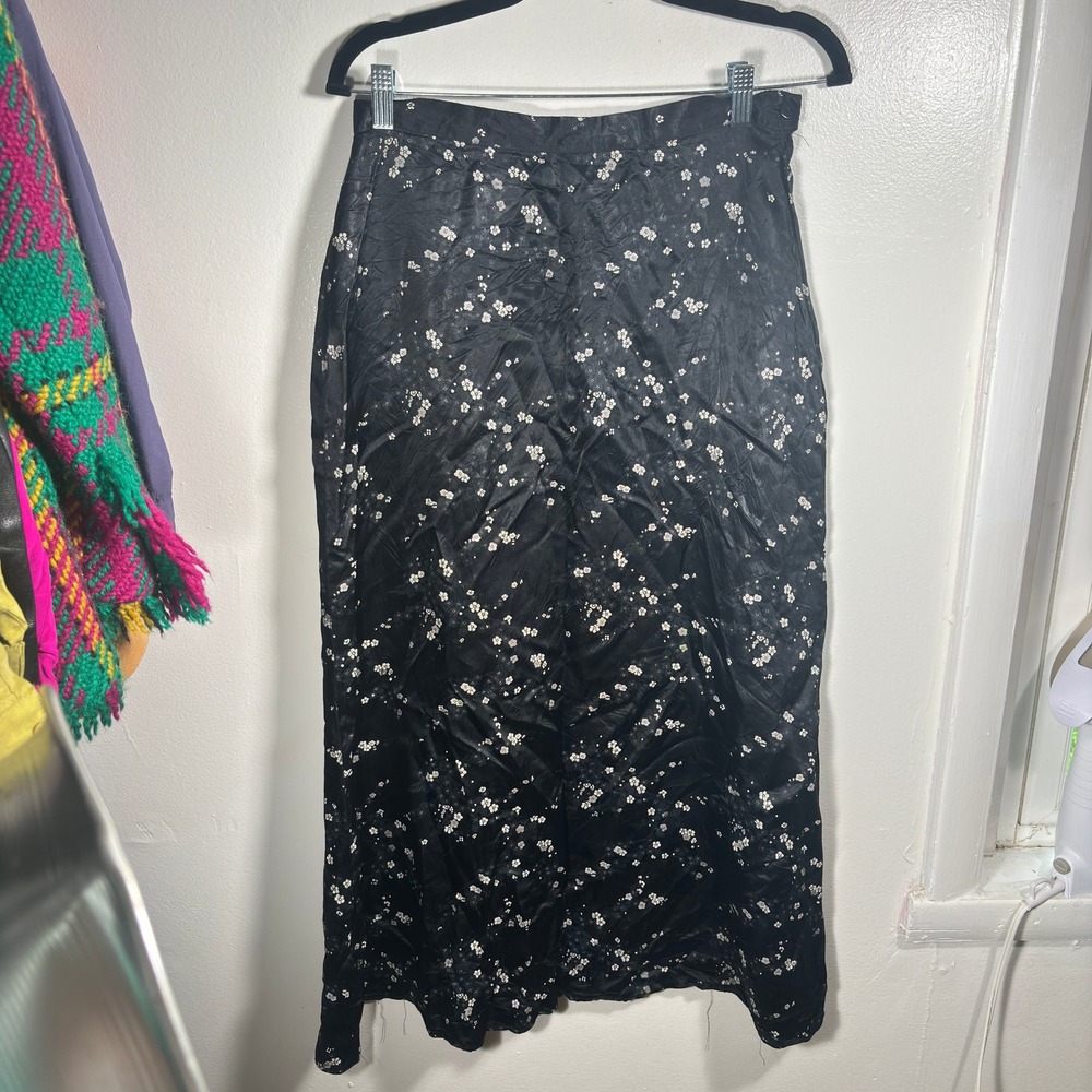 Vintage 90s Whimsigoth Danielle B Satin Maxi Skirt Sz 28" Black Floral Coquette